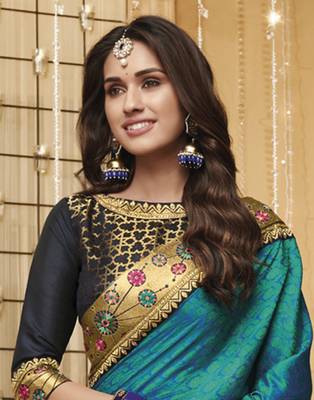 Blue embroidered silk blend saree with blouse 3