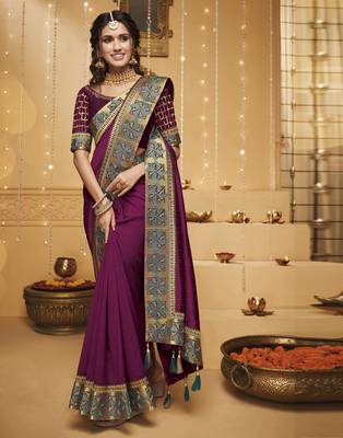 Magenta embroidered silk blend saree with blouse 1