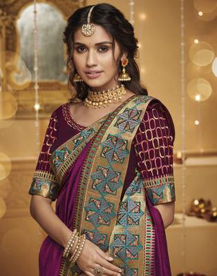 Magenta embroidered silk blend saree with blouse 2