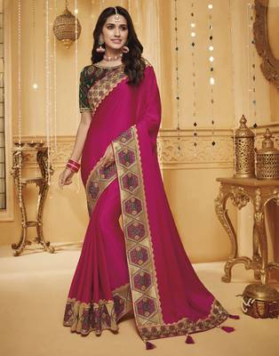 Rani pink embroidered silk blend saree with blouse 1