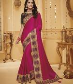 Rani pink embroidered silk blend saree with blouse