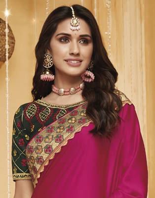 Rani pink embroidered silk blend saree with blouse 3
