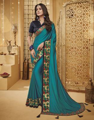 Blue embroidered silk blend saree with blouse 1