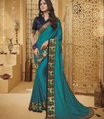 Blue embroidered silk blend saree with blouse