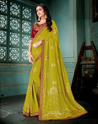 Olive printed art silk saree with blouse 1