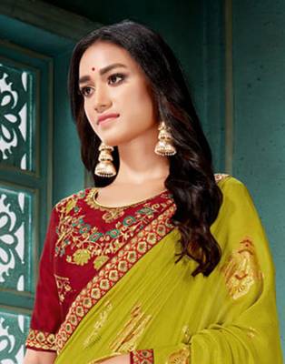 Olive printed art silk saree with blouse 3