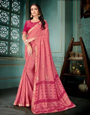 Peach printed art silk saree with blouse 1