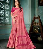Peach printed art silk saree with blouse