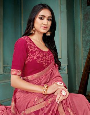Peach printed art silk saree with blouse 2