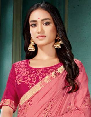 Peach printed art silk saree with blouse 3