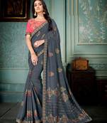 Grey printed art silk saree with blouse
