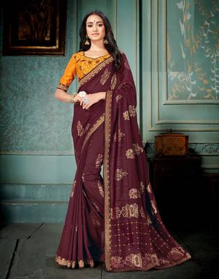 Maroon printed art silk saree with blouse 1