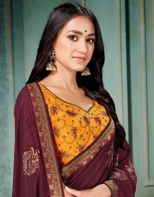 Maroon printed art silk saree with blouse 2