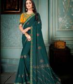 Dark green printed art silk saree with blouse