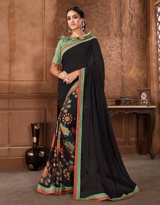 Black printed georgette saree with blouse 1