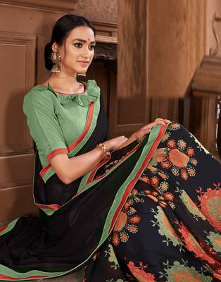 Black printed georgette saree with blouse 2