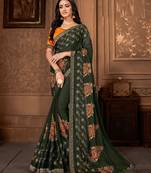 Dark green printed georgette saree with blouse