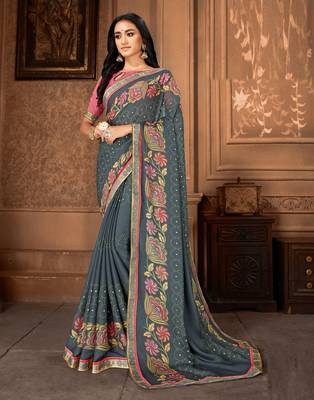Grey printed georgette saree with blouse 1