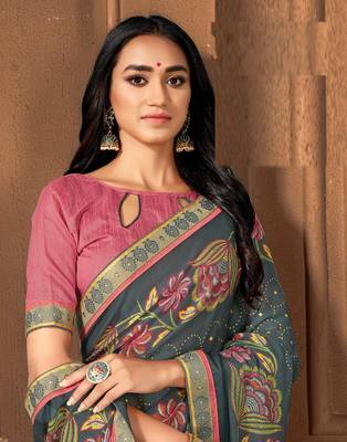 Grey printed georgette saree with blouse 2