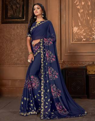 Blue printed georgette saree with blouse 1