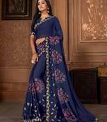 Blue printed georgette saree with blouse