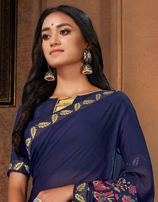 Blue printed georgette saree with blouse 3