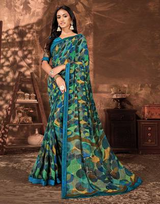 Blue printed georgette saree with blouse 1