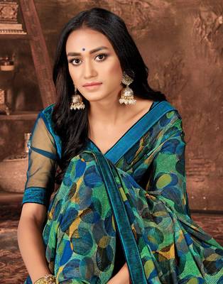 Blue printed georgette saree with blouse 2