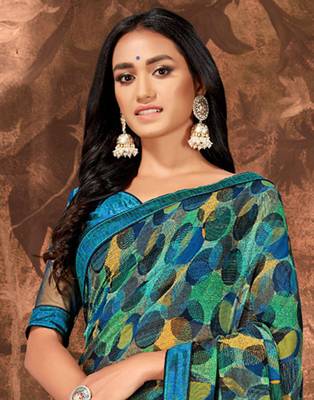 Blue printed georgette saree with blouse 3