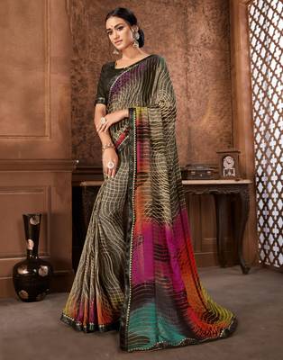 Brown printed georgette saree with blouse 1