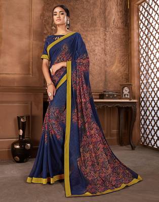 Blue printed georgette saree with blouse 1