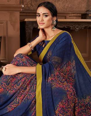 Blue printed georgette saree with blouse 2