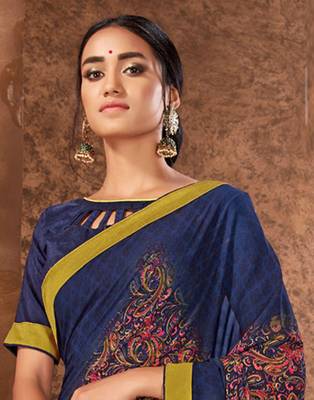 Blue printed georgette saree with blouse 3