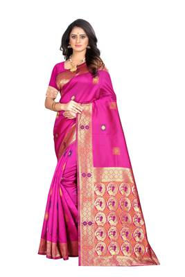 Rani Pink Woven Jacquard Saree With Blouse 1