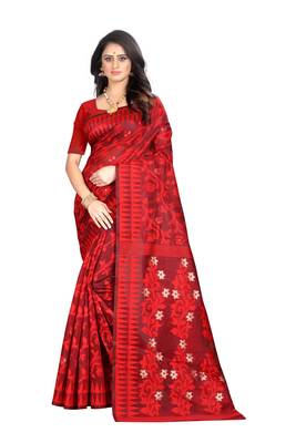 Red Woven Jacquard Saree With Blouse 1
