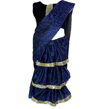 Blue self designed mixed blended with velvet blouse stitched Pre stitched saree 1