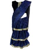 Blue self designed mixed blended with velvet blouse stitched Pre stitched saree