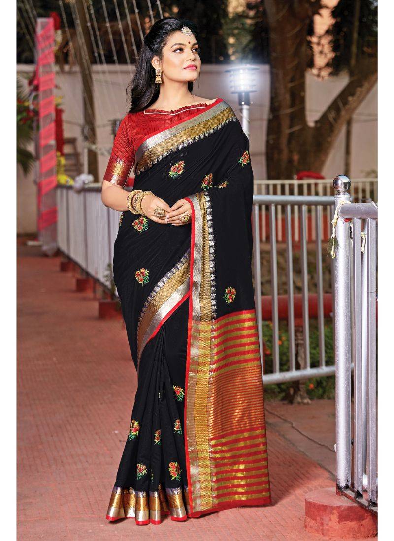 Women's Tissue Black Woven Design Designer Saree With Blouse Piece