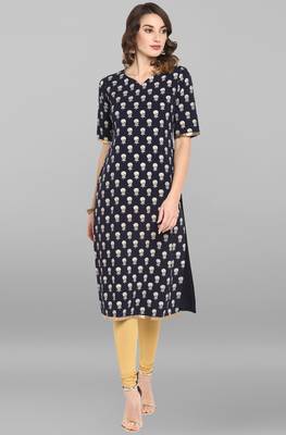 Janasya Navy-blue printed crepe kurtas-and-kurtis 1