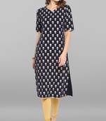 Janasya Navy-blue printed crepe kurtas-and-kurtis