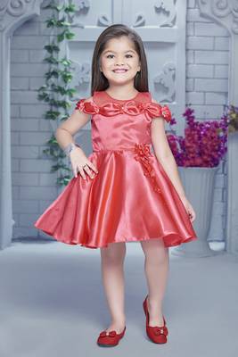 pink embroidered satin kids girl gowns 1