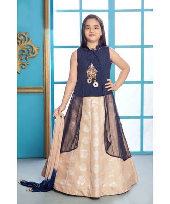 beige embroidered Polyester kids-lehenga-choli 1