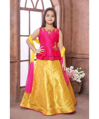 yellow plain Polyester kids-lehenga-choli 1