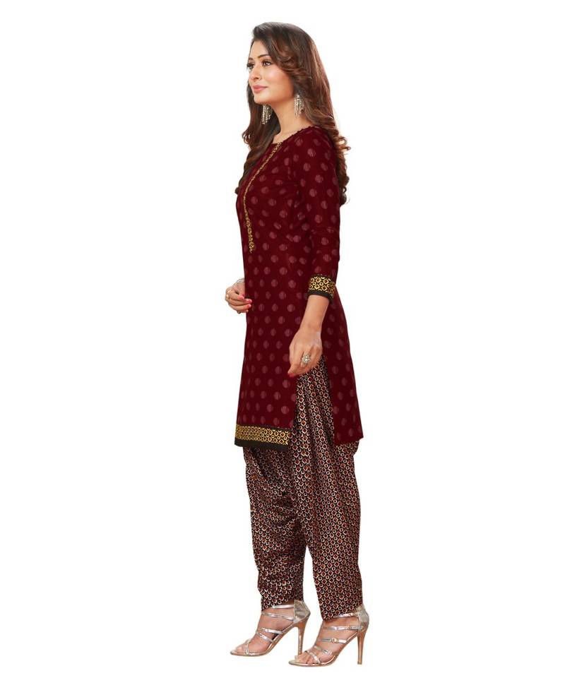 Women's Maroon & Black Cotton Printed Unstitch Dress Material With Dupatta