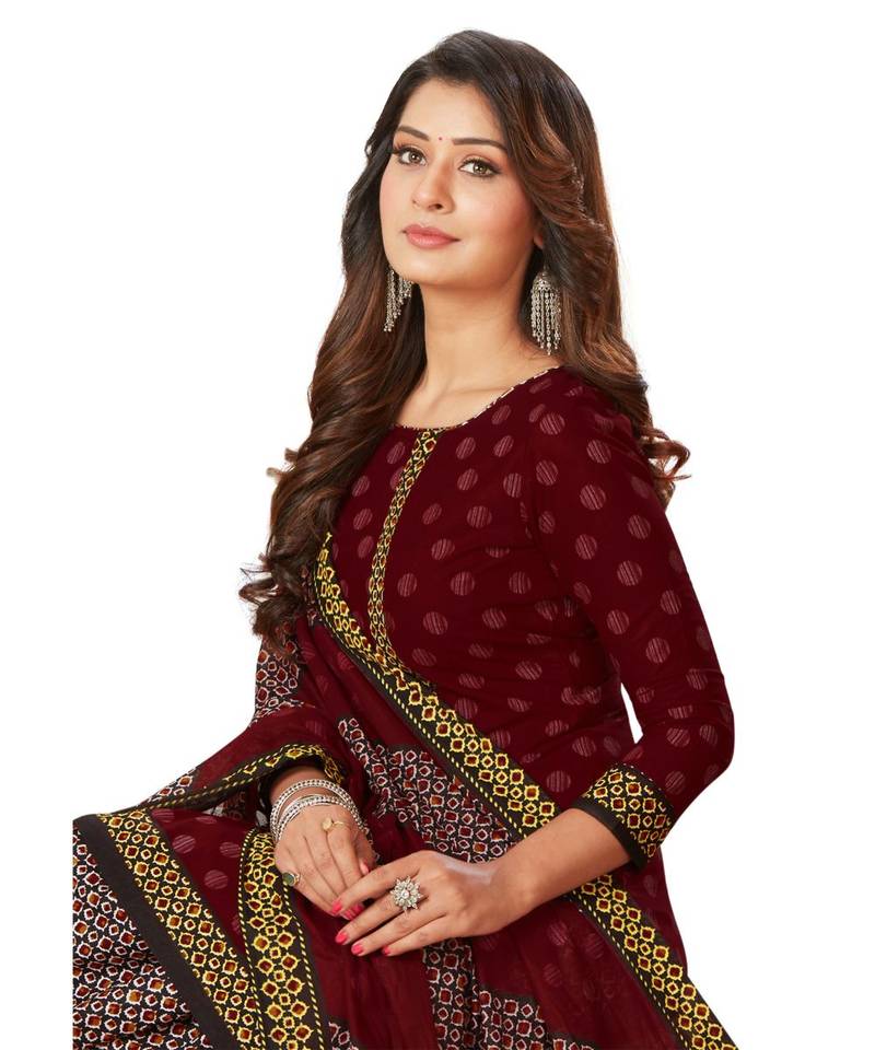 Women's Maroon & Black Cotton Printed Unstitch Dress Material With Dupatta