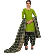 Women's Parrot Green & Black Cotton Printed Unstitch Dress Material With Dupatta