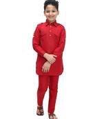 Red plain cotton silk boys-kurta-pyjama