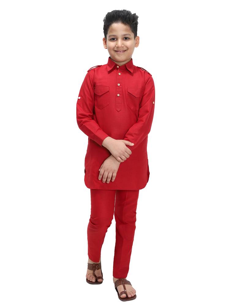Red plain cotton silk boys-kurta-pyjama