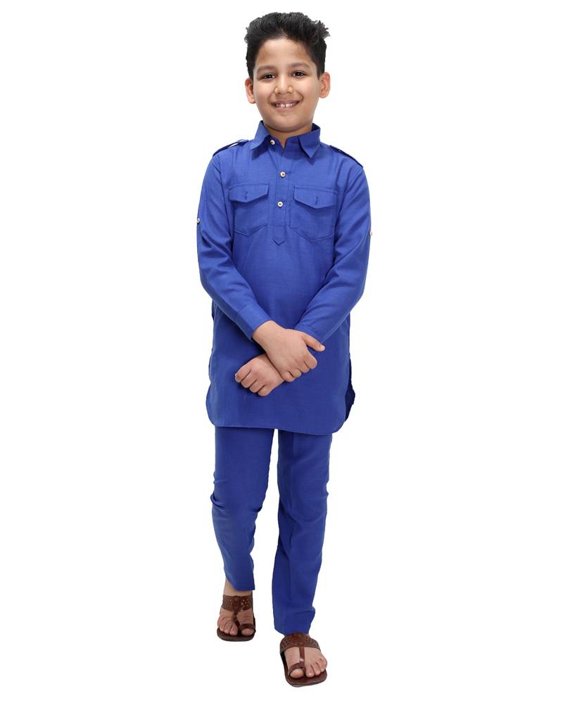 Blue plain cotton silk boys-kurta-pyjama