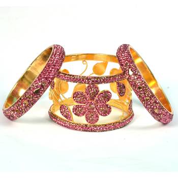 Beautiful And Glamorous Pink Color Flower Shape Bangle Set Party Wear For Women And Girls 14 Pieces 3